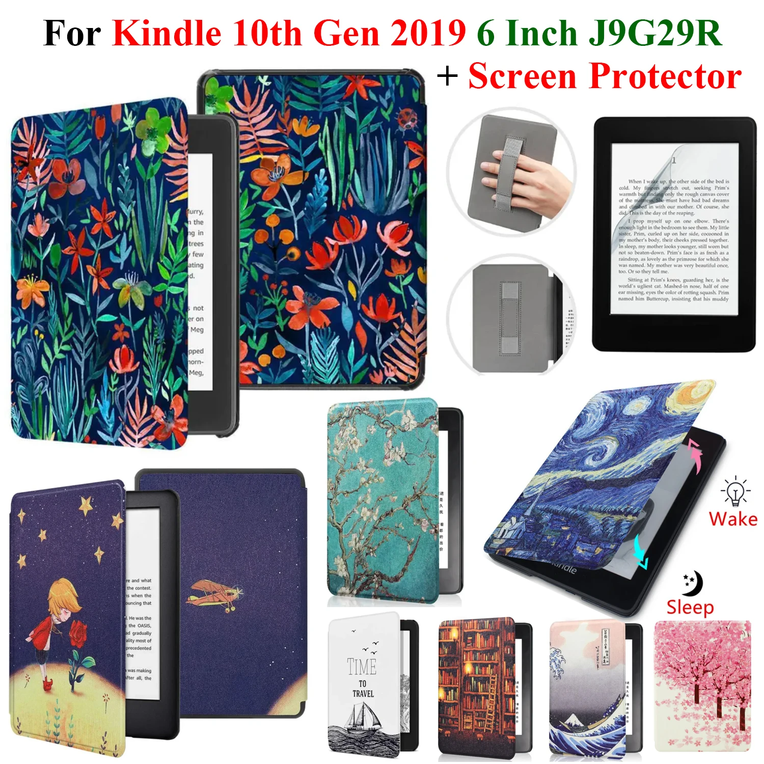 Für Kindle 10. Generation Hülle + Displayschutzfolie 6 Zoll mit Handschlaufe Gürtel Ebook 2019 J9G29R Lederhülle Wake Sleep Funda Image