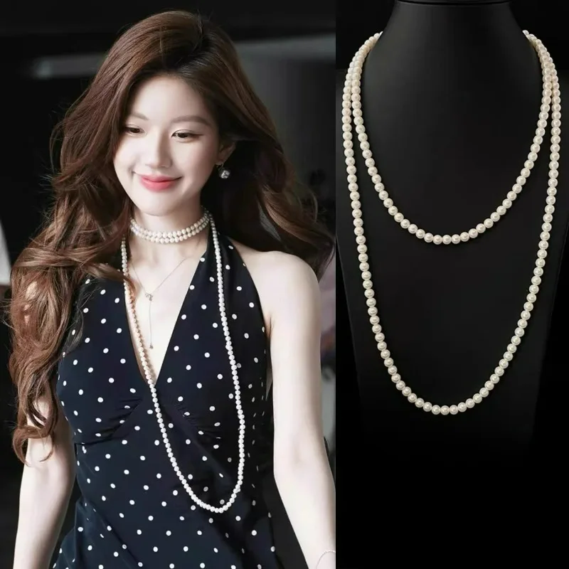Elegante Mehrschichtige Perlen-Pullover-Halsketten für Frauen Lange Imitationsperlen-Kleideraccessoires Geschenk 160cm Länge Handgefertigter Mädchenschmuck Image