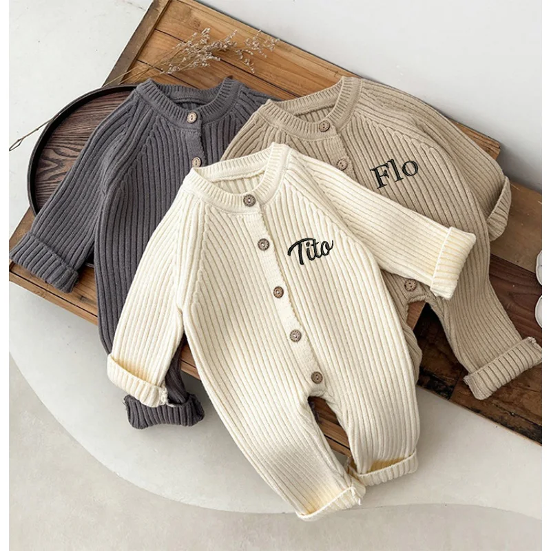 Personalisierte Feste Strick Baumwolle Langarm Outfit Kleinkind Baby Jungen Mädchen Strampler Frühling Herbst Neugeborenen Baby Mädchen Overall Image