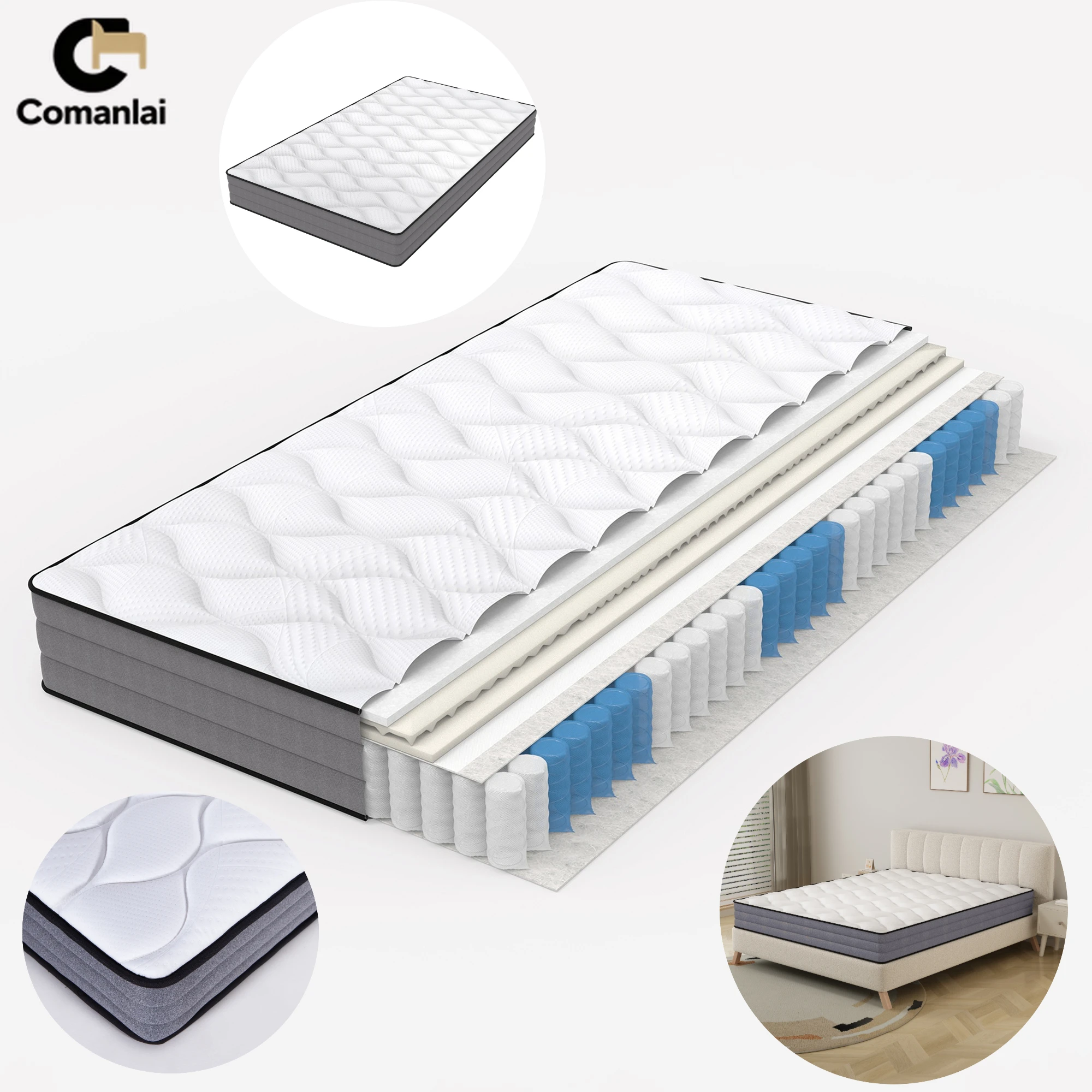 Comanlai Weißgraue Taschenfederkernmatratze H3 Level Firmness 7-Zonen-Mischschaum mit 3D-Kontur Oeko-Tex-zertifiziert 20 cm Höhe Image