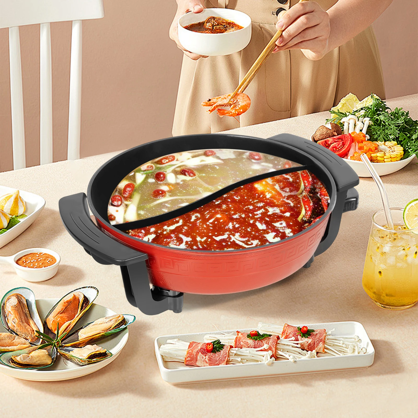 1360W 6L Elektrischer Kochtopf mit Deckel Suppe Kochwerkzeug Küche Suppentöpfe Yin Yang Eintopf Antihaft-Shabu-Feuchtopf Image