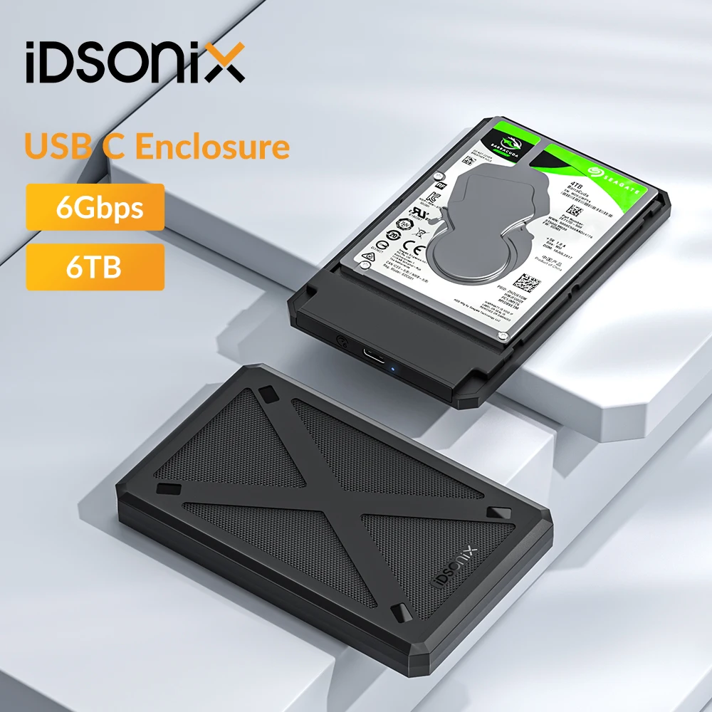 iDsonix 2,5-Zoll-HDD-Gehäuse, SATA-SSD-Festplattengehäuse, USB Typ C auf SATA3.0, 6 Gbit/s, externes Festplattengehäuse für PC, Laptop, Speicherdaten Image