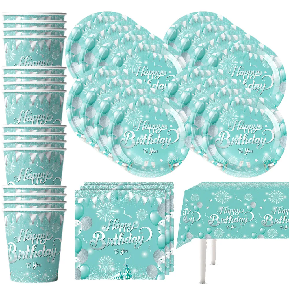 Cyan Blau Geburtstag Einweggeschirr Blaue Teller Servietten Tassen Tischdecken Cyan Blau Alles Gute zum Geburtstag Partyzubehör Dekor Image