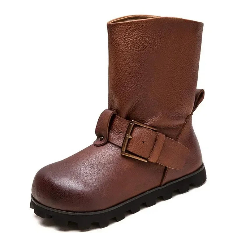 Top qualität Frühling Stiefel Slip auf Kamin Damen Frauen Schuhe Kuh Echtes Leder Ankle Booties Herbst Mode Runde Kappe Mokassins