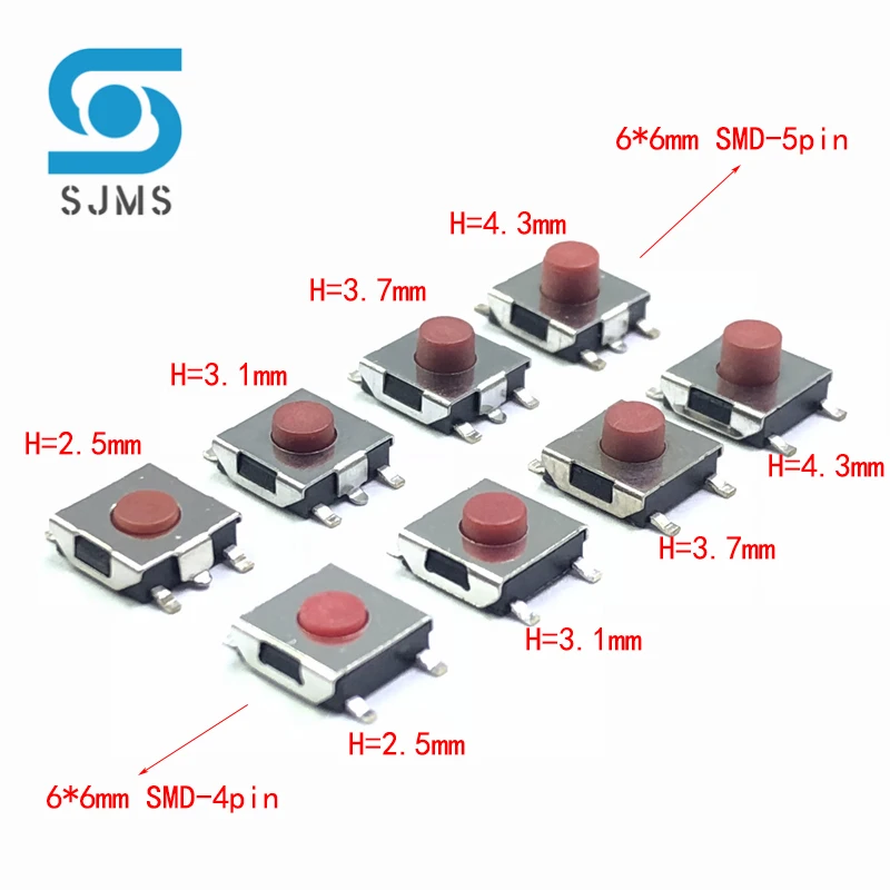 20/100 TEILE/LOS 6*6*2,5/3,1/3,7/4,3mm SMD Schalter 4/5 Pin füße Touch Micro Schalter Push Button Schalter Rot 6X6 Taktschalter Image
