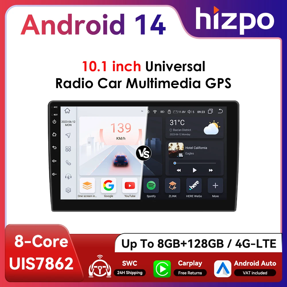 Hizpo 10,1 Zoll 2Din Universal Android13 Autoradio Steuergerät Intelligente Multimedia CarPlay 4G BT GPS Navigation UI7862 UI8581 Image