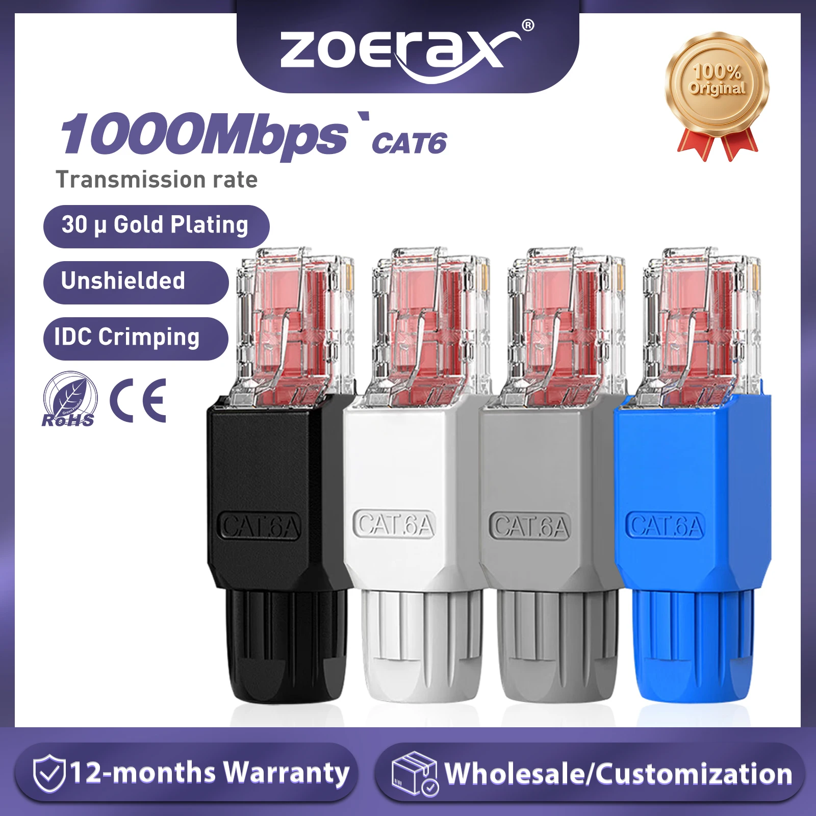 2PCS RJ45 CAT6A CAT6 Stecker, ZoeRax Tool Kostenlose Ethernet Termination Stecker, 23AWG zu 26AWG Kabel Internet Stecker Werkzeuglos Image