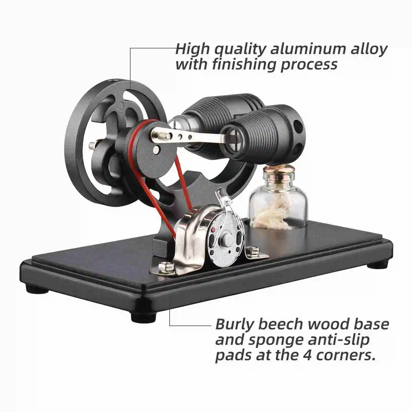 Heißluft-Stirlingmotor, Stromgenerator, Motormodell mit LED-Licht, Dollar-Schwungrad-Design, wissenschaftliches Experiment mit Buche Ba Image