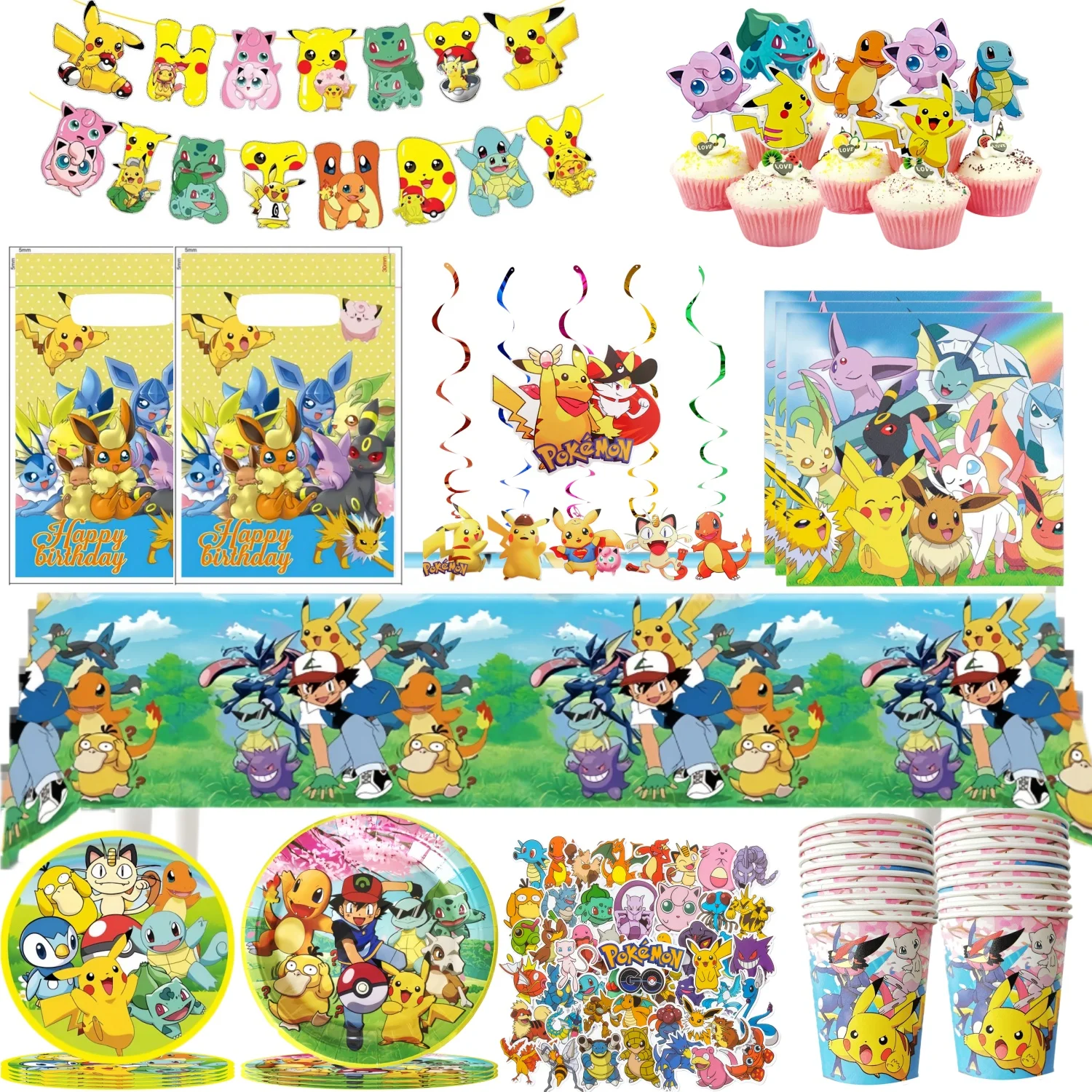 Pokemon Party Geburtstag Kit Pikachu Geburtstag Dekoration Set Tischdecke Tassen Teller Geschenktüten Serviette Kinder Pokemon Party Favor Image