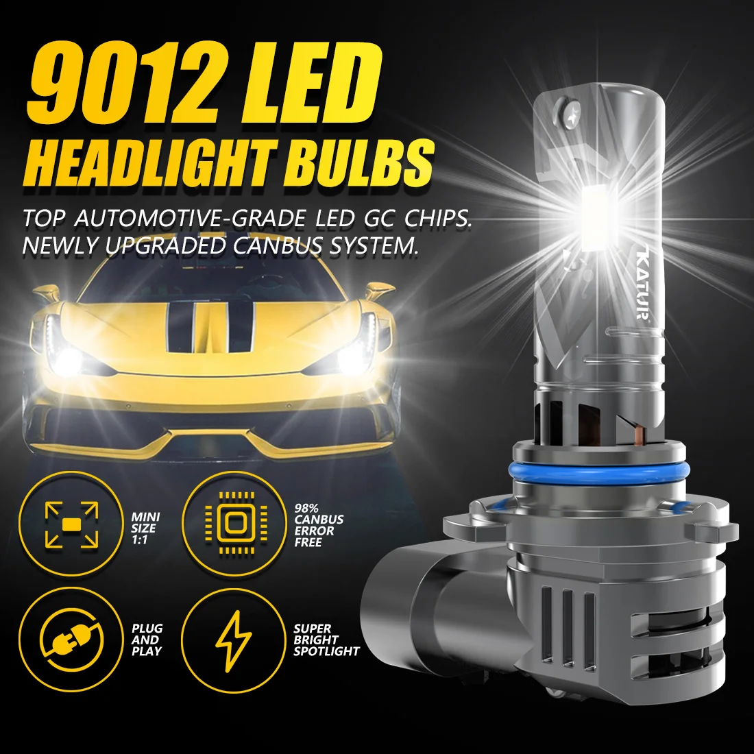 Katur 2x 9012 HIR2 Auto Led Scheinwerfer Birne Tagfahrlicht Lampe 20000LM 100W High Power Mit Lüfter für Cadillac XTS CTS ATS SRX Image