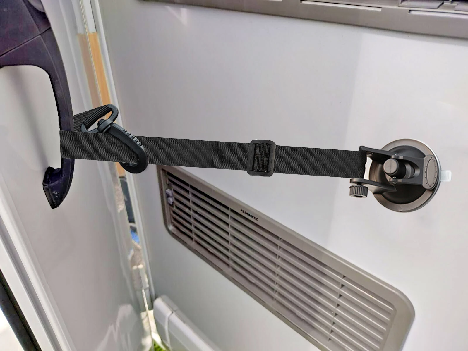 1 Stück tragbarer Türhalter, Riemenstopper, Wohnwagen- und Wohnmobiltüren, die im Wind fliegen lässt, hält Ihre Tür sicher im Wind öffnen Image