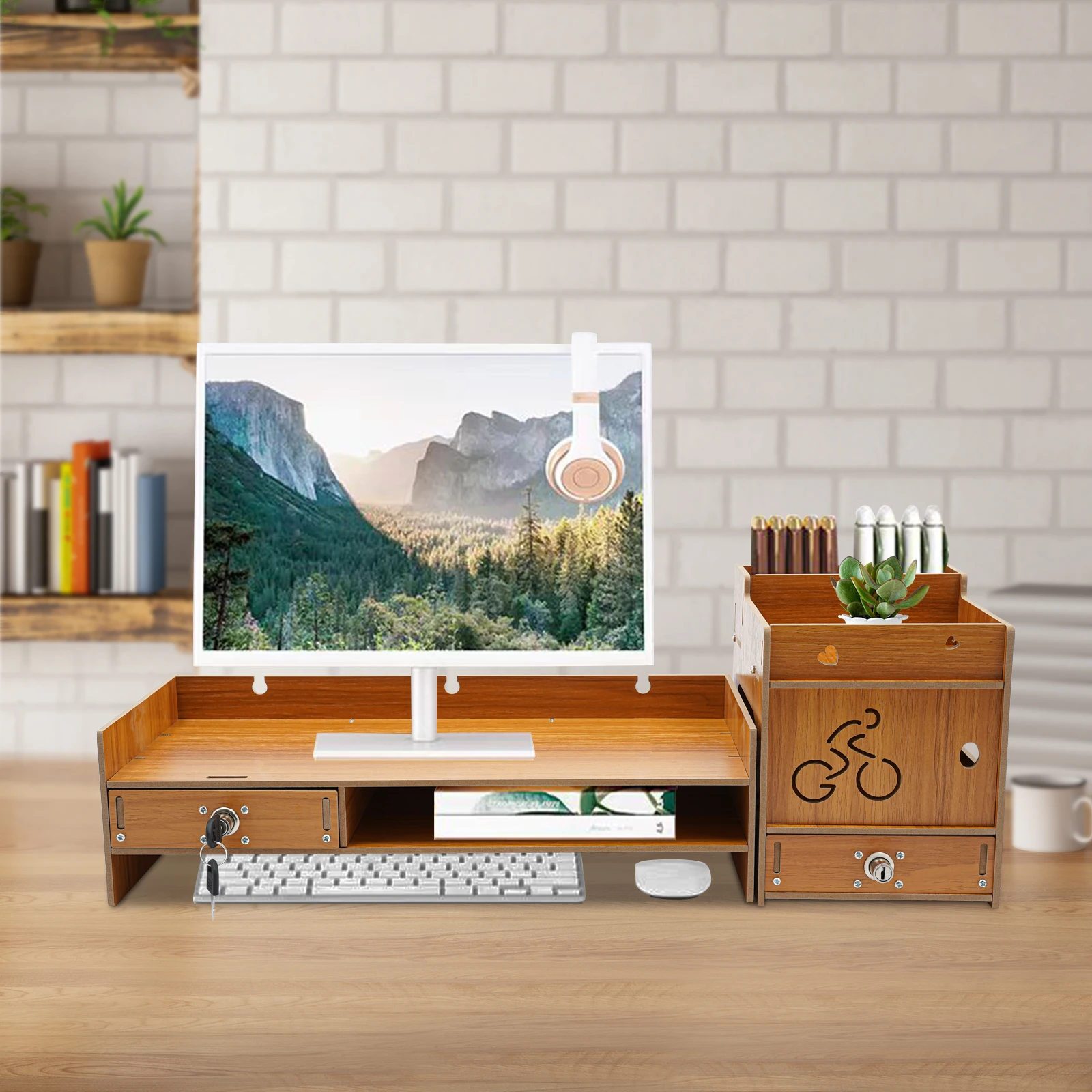 Monitorständer-Basisschirm mit Handyhalter und Schublade, Stauraum, 48 x 20 x 13,5 cm, Laptop-Drucker mit Holzsockel Image