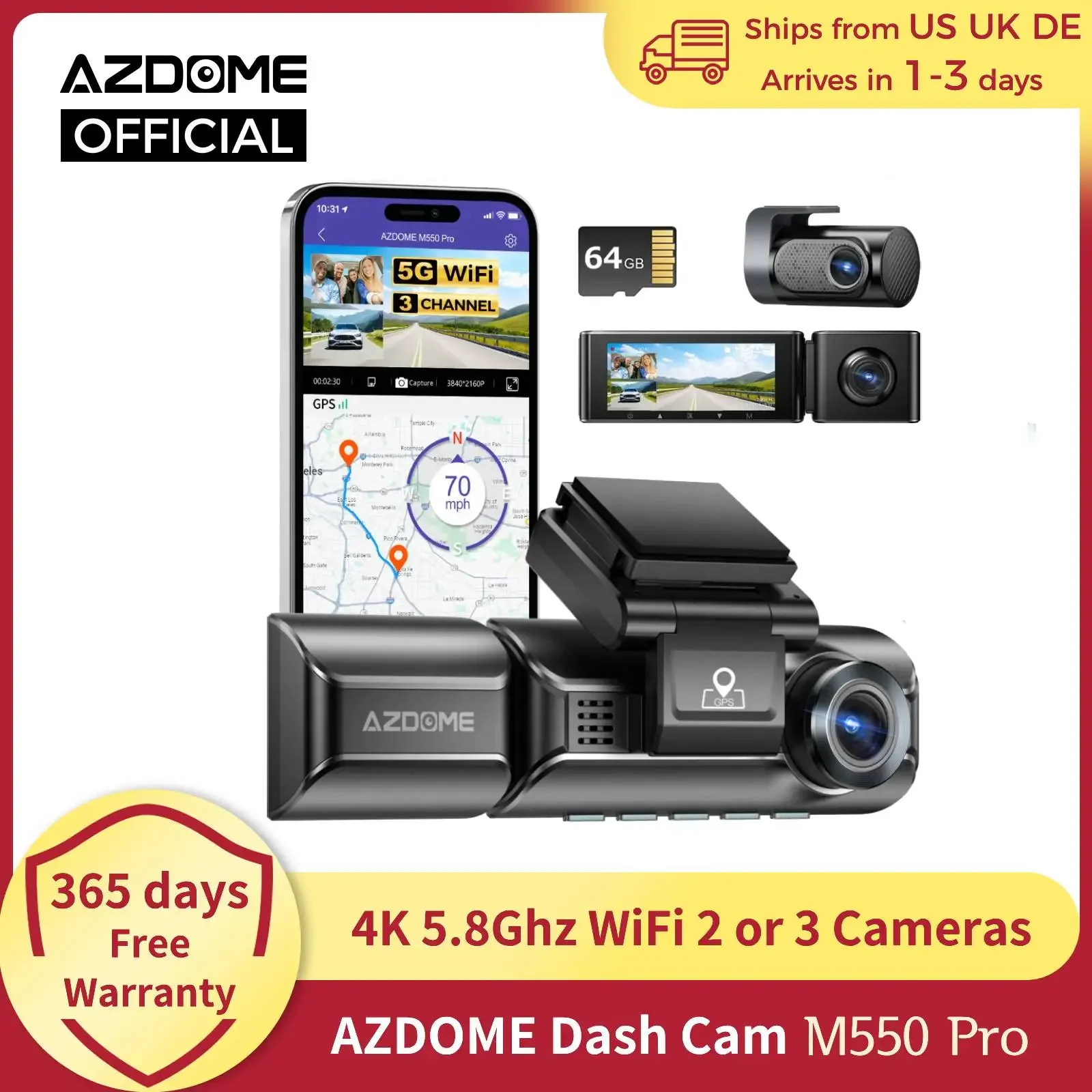 AZDOME 4K Dash Cam M550 Pro Integrierte 5,8 GHz WiFi GPS Auto DVR Upgrade AZDOME M550 Nachtsicht Parkplatz Monitor Unterstützung Hinten Cam