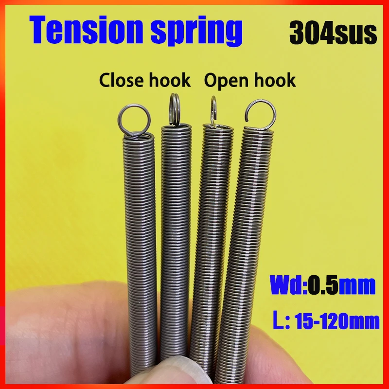 304, Drahtdurchmesser 0,5 mm, Zugfeder, Rückzugsfeder, Spulenverlängerungsfeder, offener Haken, geschlossener Haken, Zugfeder, L: 15–120 mm Image