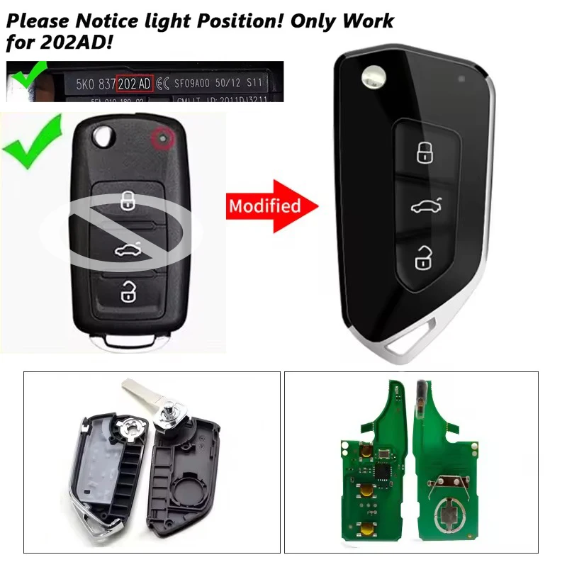 KEYECU Ersatz modifizierter, verbesserter Flip-Fernbedienungs-Schlüsselanhänger 3B 434 MHz ID48 für VW Beetle Passat Tiguan Jetta Polo Golf 5K0837202AD Image