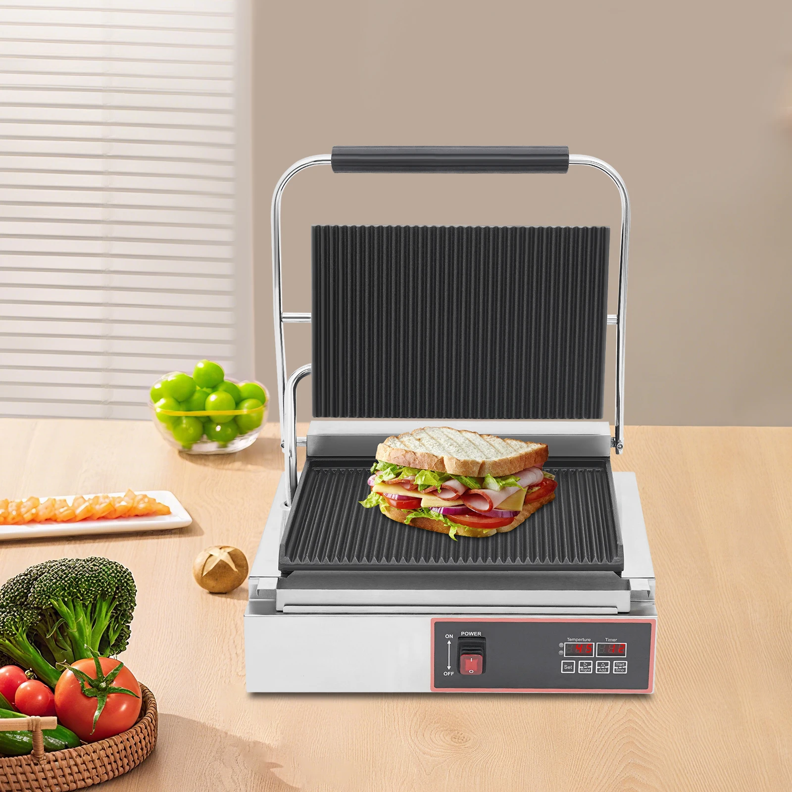 Elektrischer Kontaktgrill mit LED-Anzeige, 2200 W, höhere Effizienz, maßgeschneiderte Temperatur- und Timer-Steuerung für Hotelrestaurant, Café, Frühstück Image