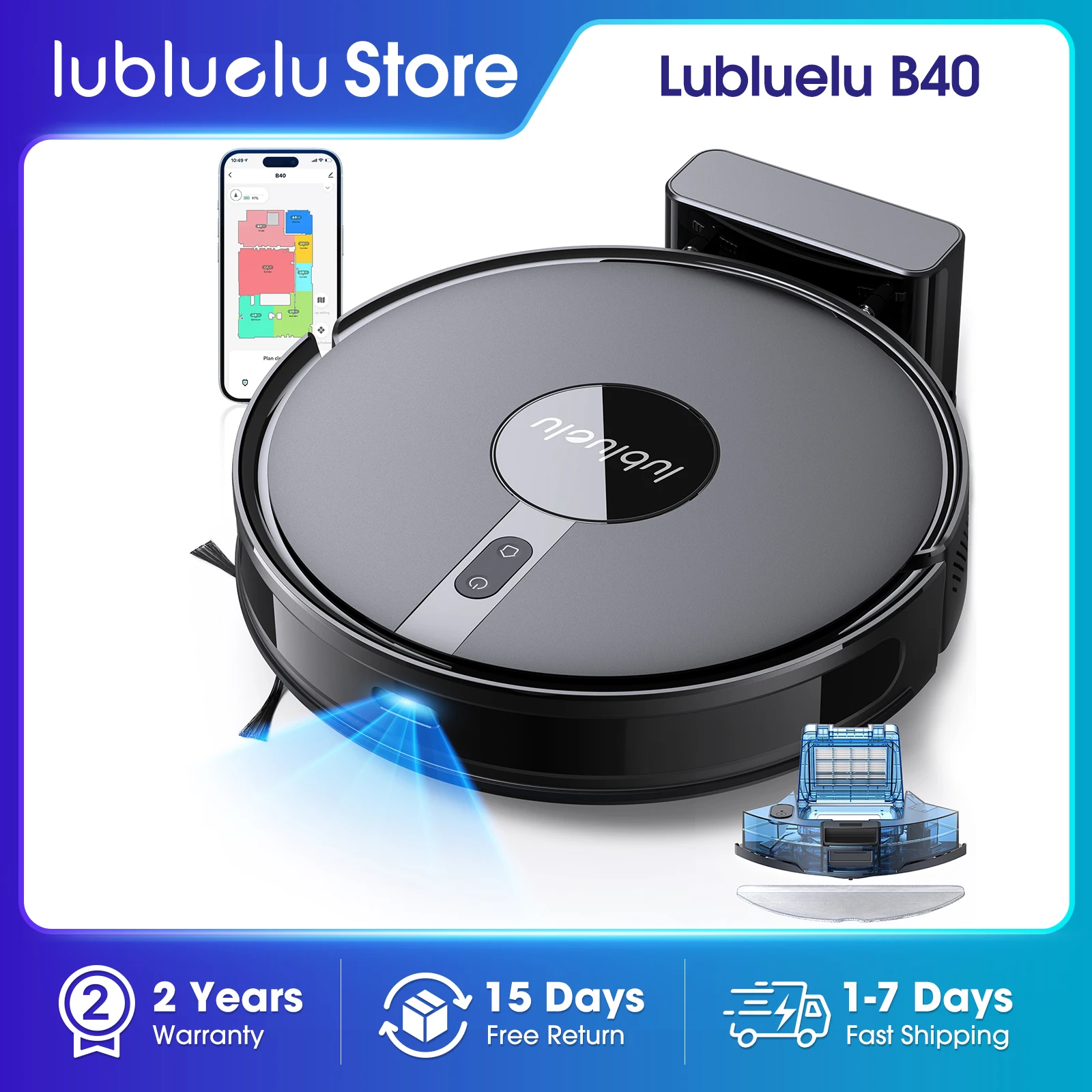 Lubluelu B40 Roboter-Staubsauger und Wischreiniger, 6000 Pa starke Saugkraft, 180 Minuten lange Laufzeit, APP-Steuerung, Smart Mapping, 34 No-Go-Zonen Image