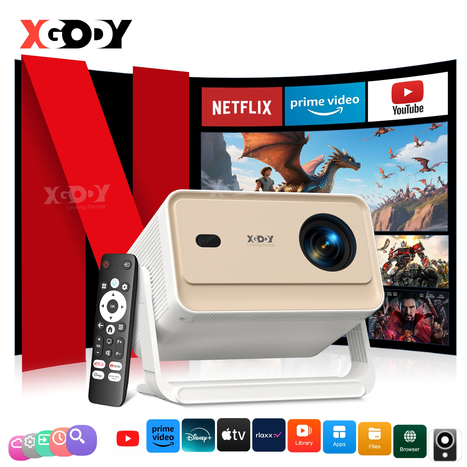XGODY 630ANSI 4K-Projektor, 1 GB RAM + 32 GB Speicher, Android, Autofokus, Keystore-Korrektur, Gimbal, A6/N6 Pro Beamer, Wifi6 Image
