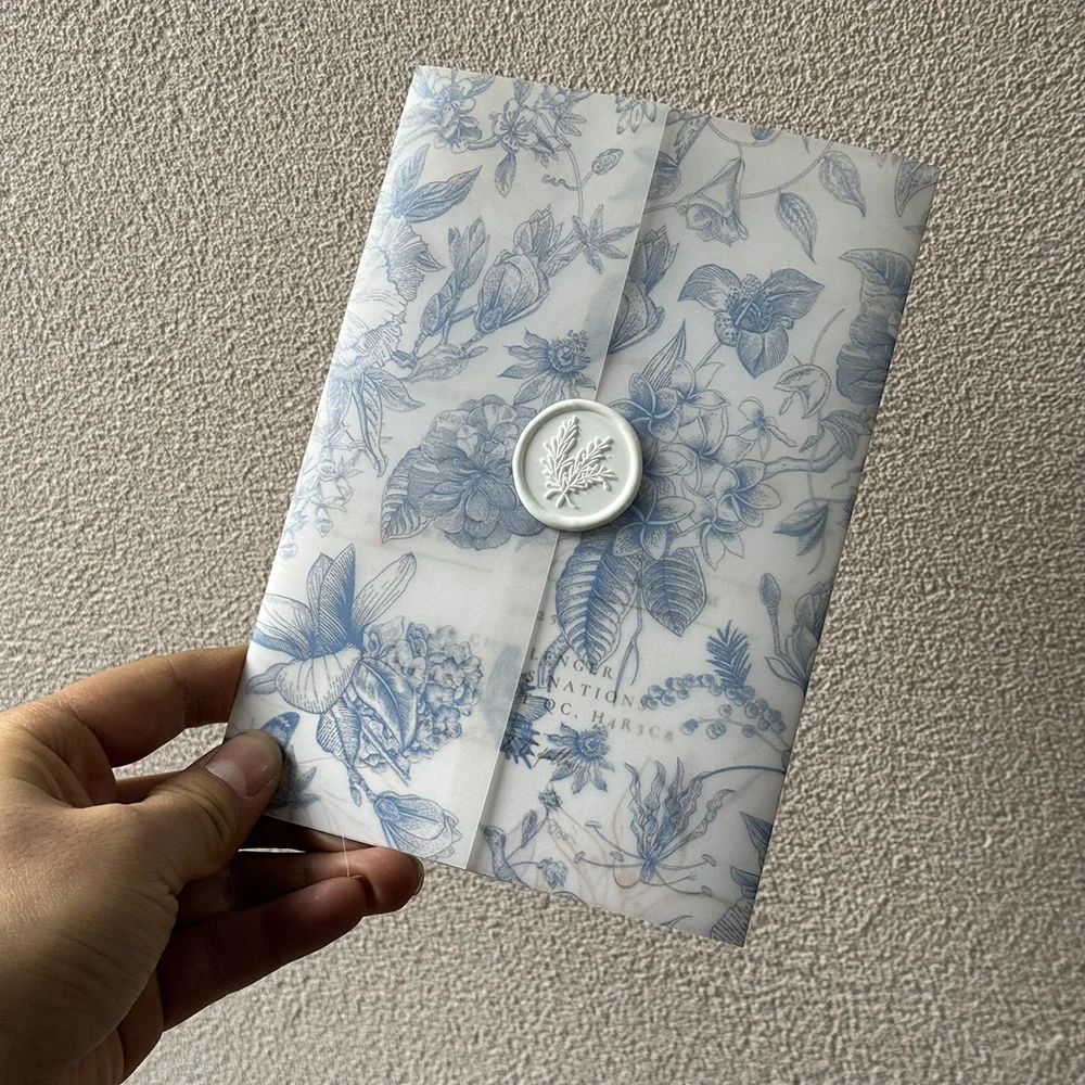 Blaugrüne oder rosa Blumen-Pergament-Wickeltuch, geeignet für eine 5-fache Hochzeitseinladung Image