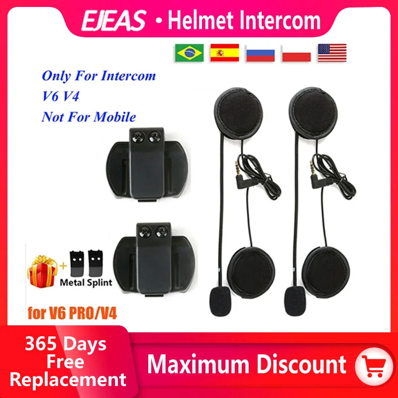Ejeas v6 pro helm intercom clip 3,5mm mikrofon lautsprecher headset für vnet phone v4 motorrad bluetooth sprechanlage Image