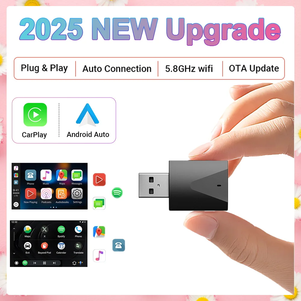 2025 verbesserte kabellose CarPlay Android Auto Box, keine Kabel erforderlich, Bluetooth, WiFi, schnelle Verbindung, OTA-Updates, unterstützt 99 % Autos Image