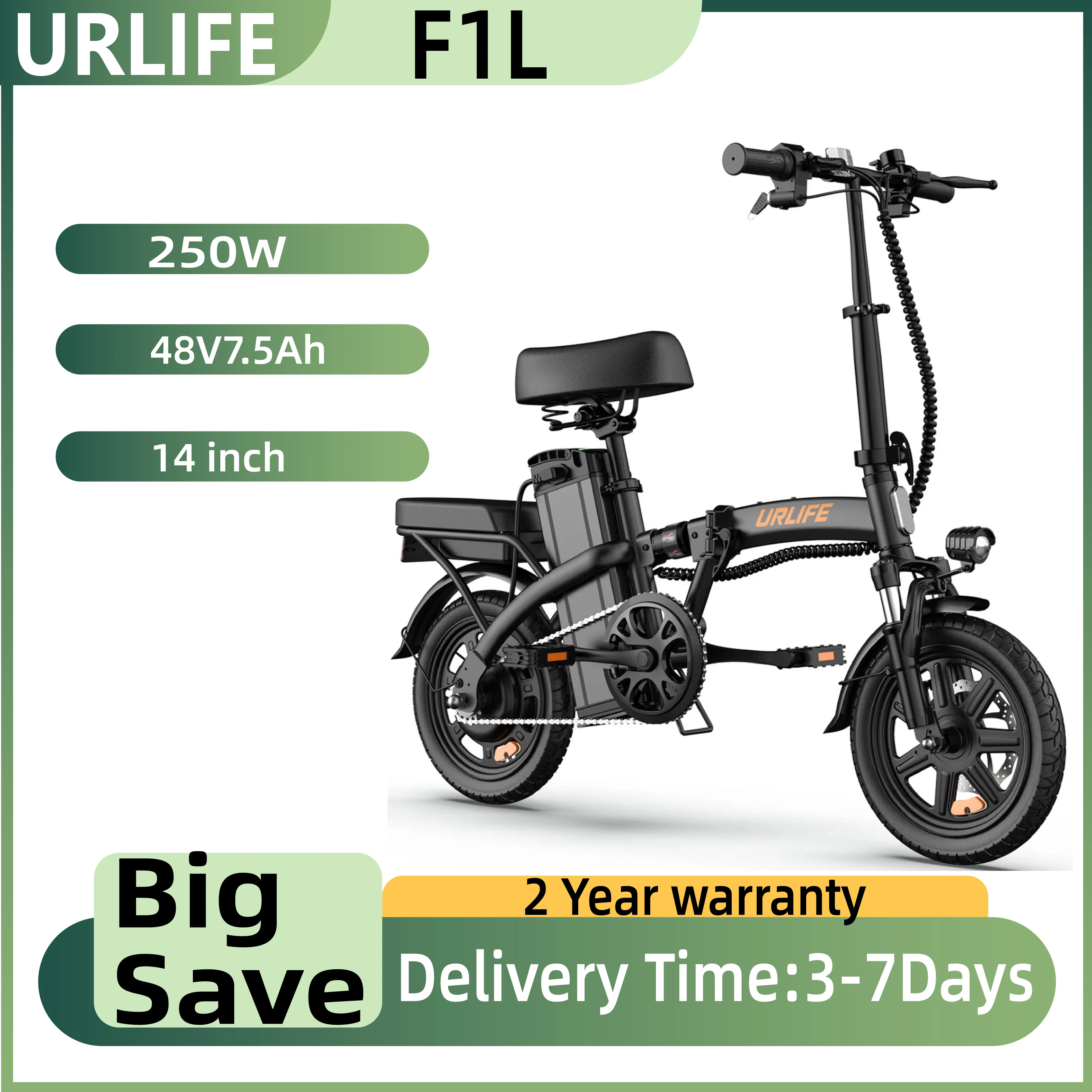 URLIFE F1L Erwachsenen-Elektrofahrrad 250W Motor Faltbares E-Bike 48V 7,5Ah Akku 14 Zoll Reifen City-Pendler-Elektrofahrrad Image