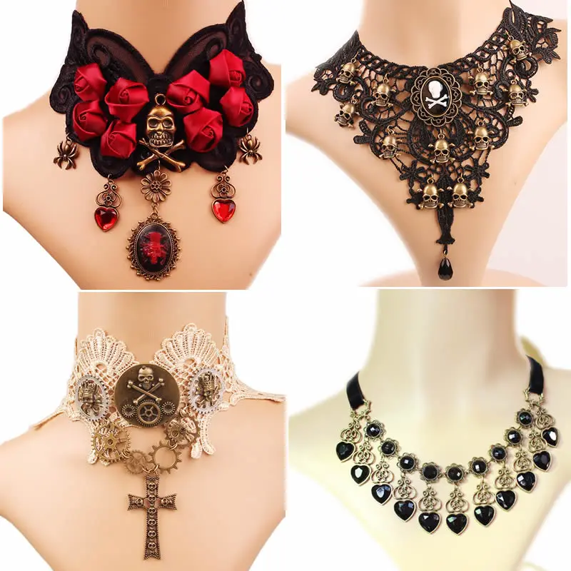 Mode Quaste Punk Stil Gothic Halsband Halskette Rot Strass Charms Vampir Maxi Halskette Vintage Tattoo Spitze Anhänger Hochzeit