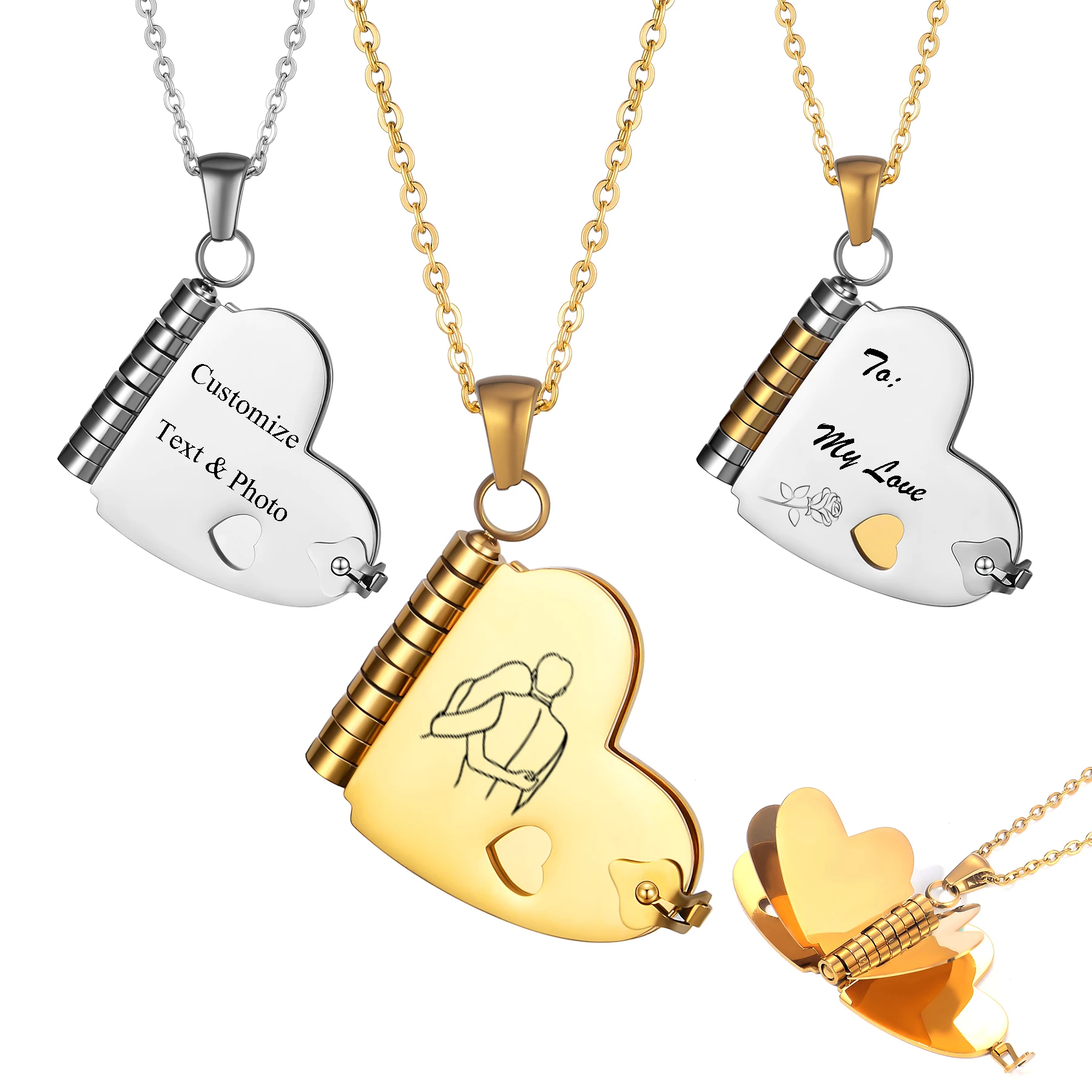 Personalisierte Edelstahl-Herz-Buch-Anhänger-Halskette, individuelle Nachricht, Text, Foto, Bibelwörter, Schmuck, Geschenk für Frauen und Männer Image