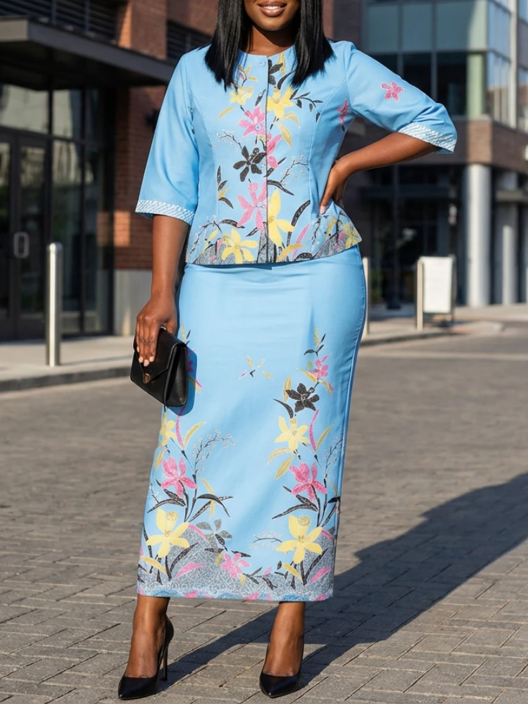 ZANZEA Damen-Rockanzüge in Übergröße, Blumendruck, elegantes 3/4-Ärmel-Kurzhemd und langer Bleistiftrock, 2-teiliges Set, Outfits S-5XL