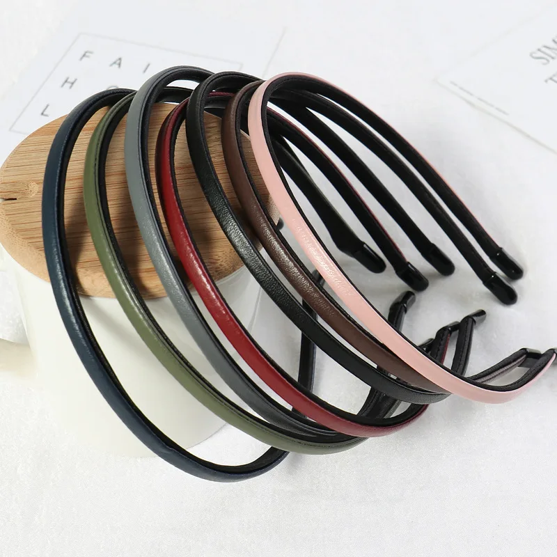 Neue Frauen Vintage Pu Leder Plain Dünne Haarbänder Einfache Handgemachte Solide Headwraps Waschen Stirnbänder Elegante Haar Hoop Image