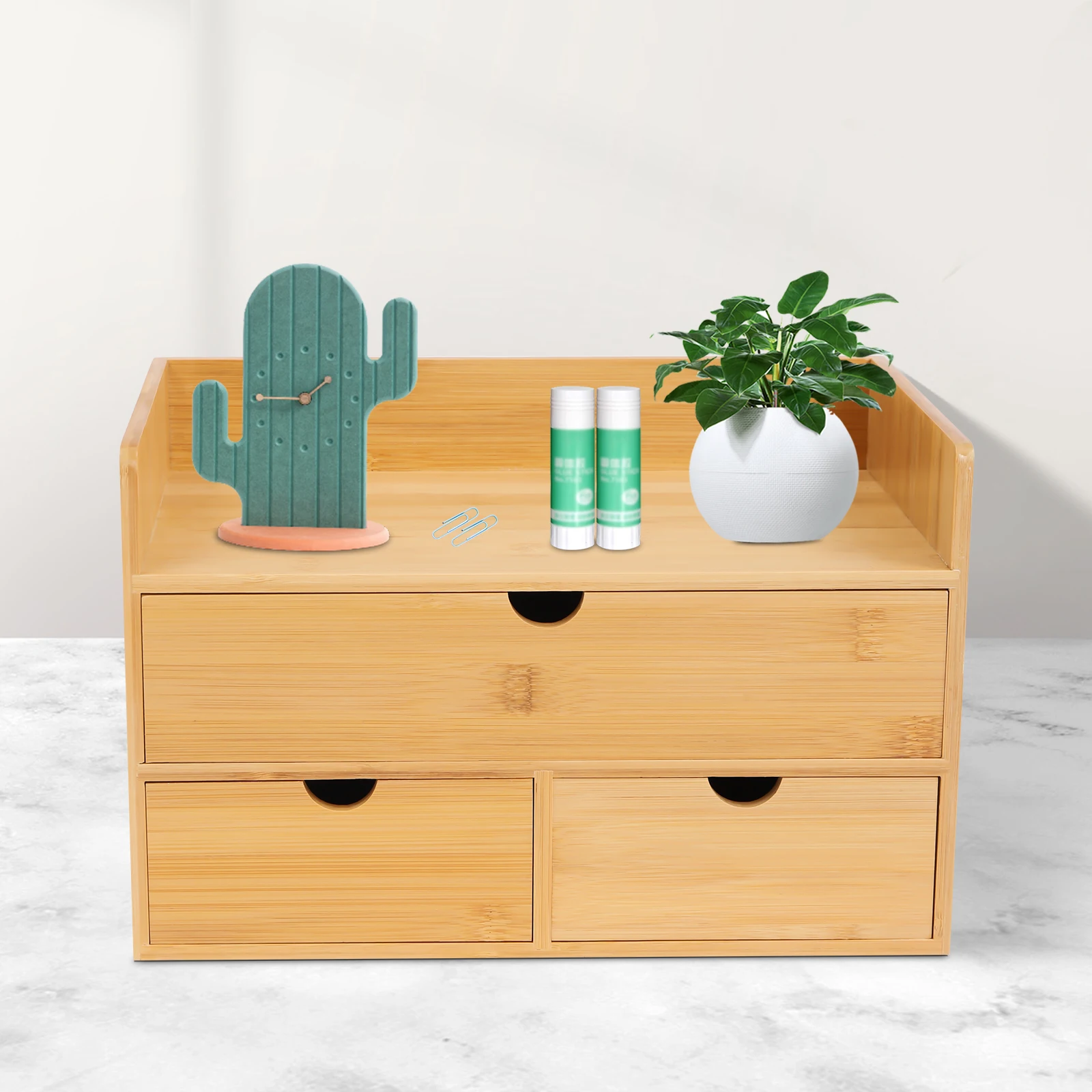 Mini-Schreibtischschublade aus Bambus mit 3 Schubladen, Tischaufbewahrungsbox, 100 % Original-Schreibtisch-Organizer aus Bambus für das Büro und Zuhause Image