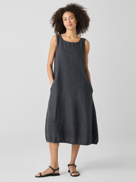 Washed Organic Linen Delave Lantern Dress - Blue - Eileen Fisher Dresses