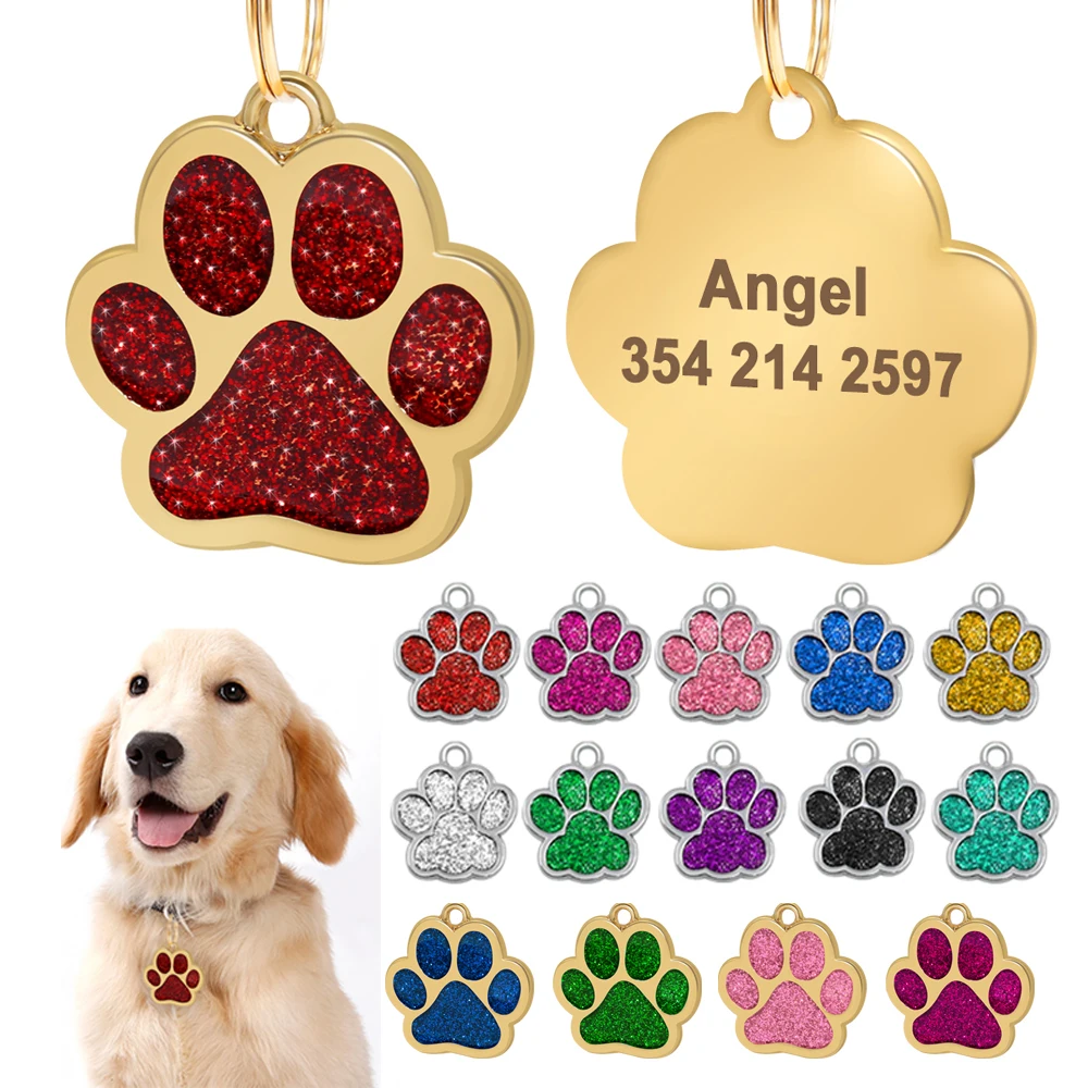 Bling-Hunde-ID-Tag, personalisierbar, wunderschöne Erkennungsmarken für kleine und mittelgroße Hunde, Fußabdruck, individuelles Haustier-Namensschild, Tellerhalsband-Zubehör Image