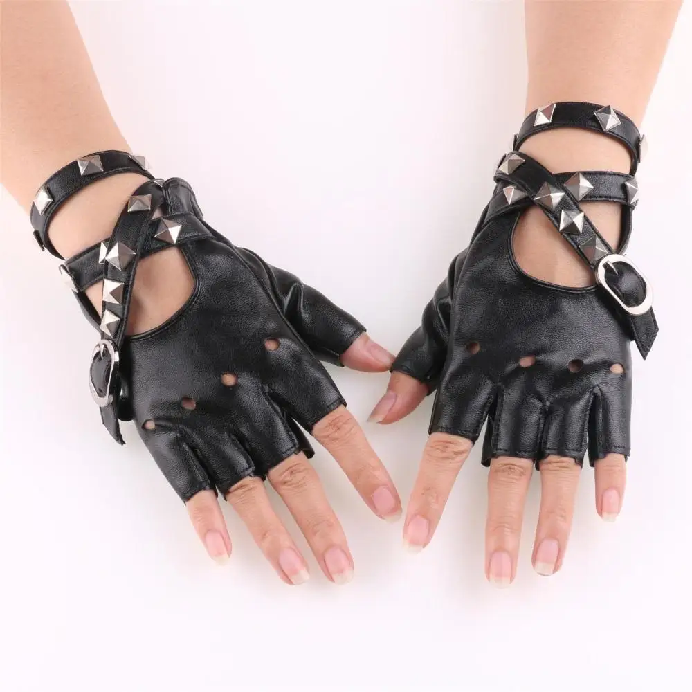 Unisex finger lose Halloween Pu Leder handschuhe Motor coole Niet sexy Disco tanzen Rock and Roll schwarz rot weiß Punk Handschuhe