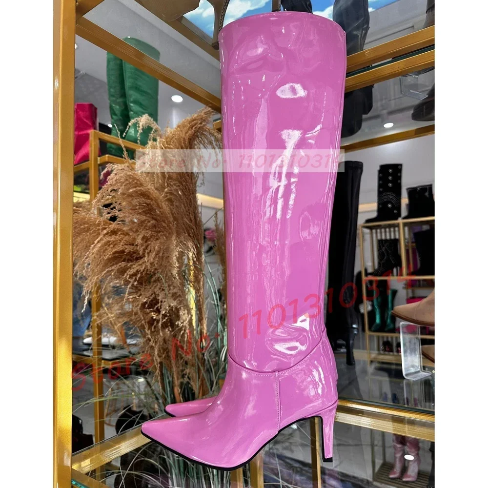 Rosa Patent High Heels Stiefel Frauen Nifty Patchwork Benutzerdefinierte Glänzende Leder Hohe Stiefel Winter Plus Größe Pull-on Spitze Zehen Schuhe