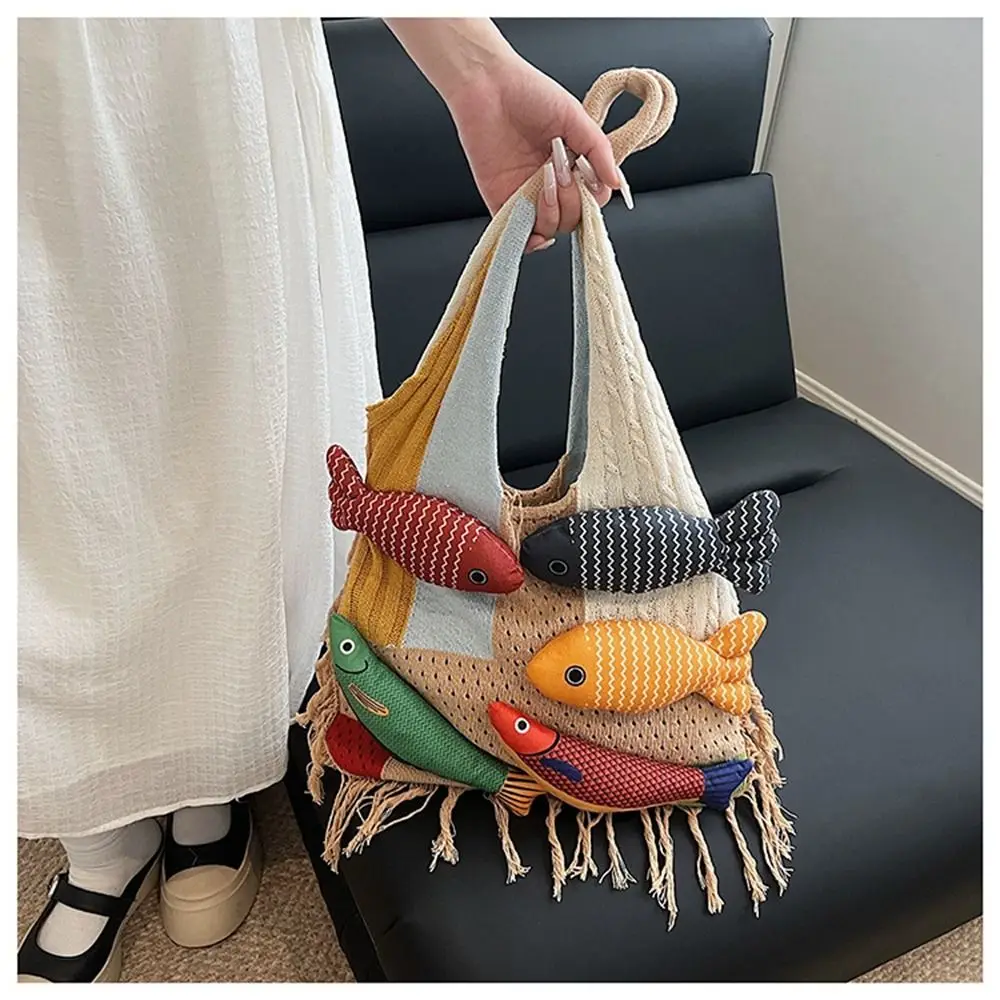 Mode été coton Crochet sac à bandoulière poisson mode glands plage sac à main sac à main Simple fourre-tout sac à provisions