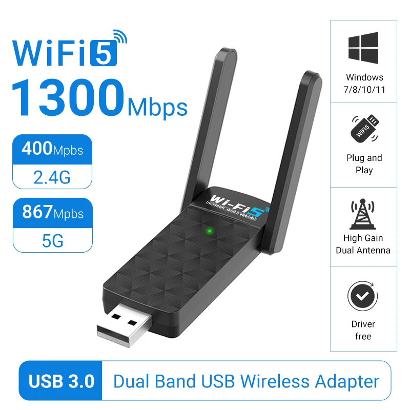 WALRAM 1300 Mbit/s USB-WLAN-Adapter AC1300 WiFi 5 Ethernet-Netzwerkkarte Dualband 5G 2,4 G USB3.0 WLAN-Dongle für PC-WLAN-Empfänger Image