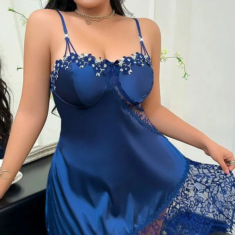 Frauen Sexy Nachtwäsche Spitze Nachthemden V-ausschnitt Ärmellose Spitze Seide Satin Nachthemd Nachtwäsche Sleep Schlaf Tragen Kleidung Image