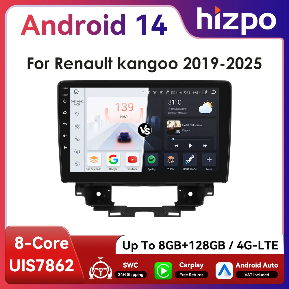 10,1" Hizpo 2Din Android Auto Autoradio für Renault Kangoo 2019-2025 UIS7862 Steuergerät GPS RDSP DSP SWC BT 4G WiFi 360 ° CAM Image