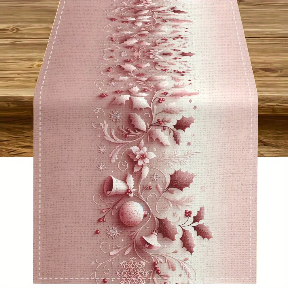 1-teiliger rosa Weihnachts-Tischläufer, hellrosa mit zarten Blumen- und Beerenmustern, geeignet für Weihnachtsessen, Mädchen-Teepartys, mädchenhafte Heimdekoration, Urlaubmärkte, gemütliche Cafés, Image