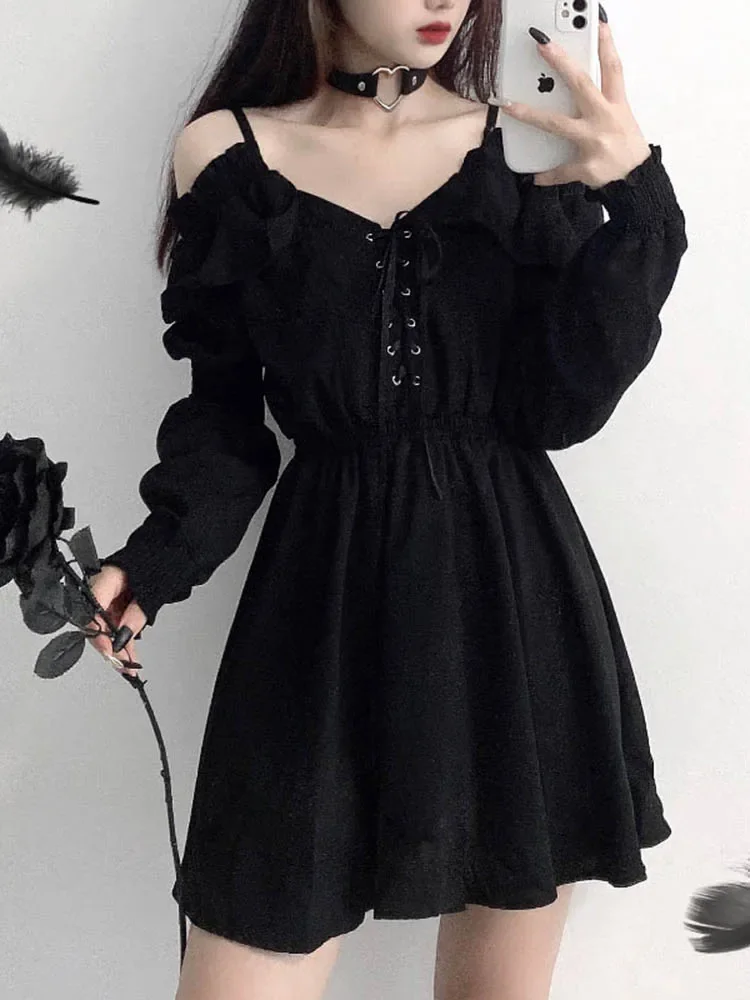JMPRS Große Größe Gothic Frauen Schwarz Mini Kleid Sexy Off Schulter Hohe Taille Tunika Damen Party Kleid Langarm V-ausschnitt Vestidos