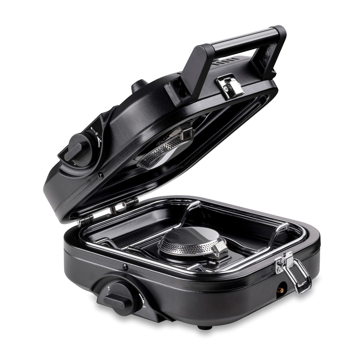 Faltbarer Gaskocher mit 2 Brennern 4600 W - Tragbarer Campingkocher Piezo-Zündung, Doppelbrenner aus Edelstahl, 7/16"-Ventilkartusche KEMPER Image