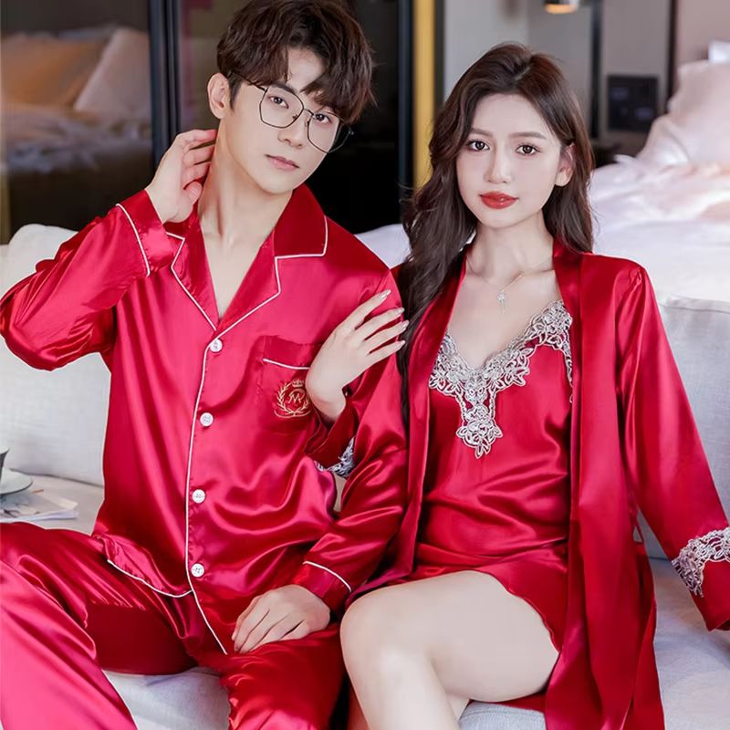 Luxury Silk Satin Couples Nightwear Set Women Sexy Nightdress With Men Long Sleeve Pants & Robe Sleepwear vest women Us (1014) Xxl (14316