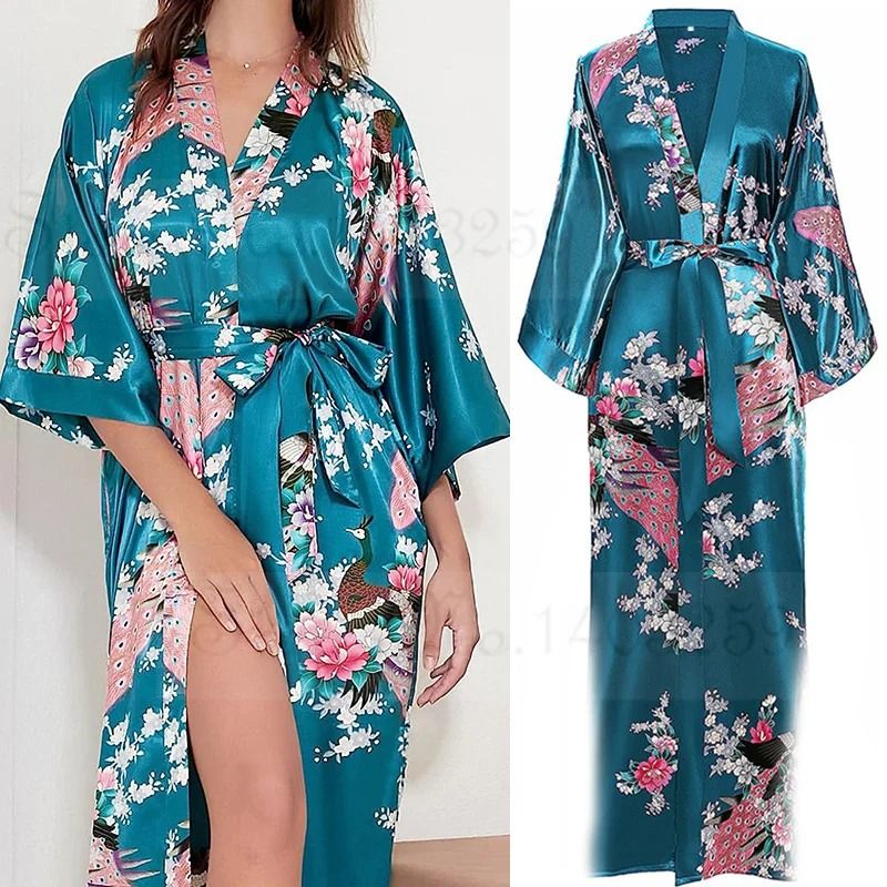 Large Size Peacock Print Kimono Bathrobe Elegant Flower Satin Long Robe & Loose Loungewear Nightgown black B l