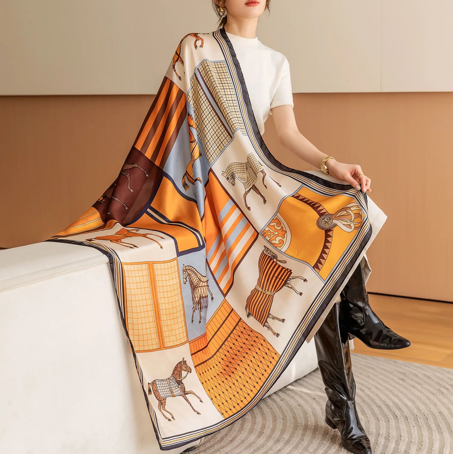 Luxury Horse Print Square Scarf For Women Vintage Silk Like Animal Shawl Head Wrap white