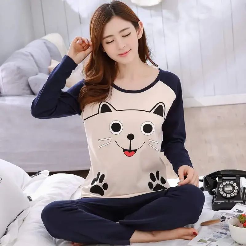 Women Autumn Thin Bear And Cat Print Pajama Set h l