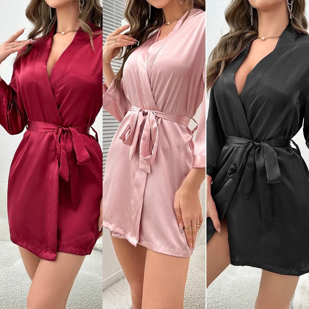 Short Satin Kimono Bride Bridesmaid Getting Ready Robe For Women black m