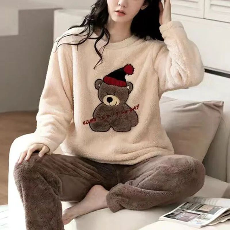 CozyBear Coral Fleece Pajama Set Thick Warm Womens Winter Pajamas With Cute Bear Design xl(60 70kg)