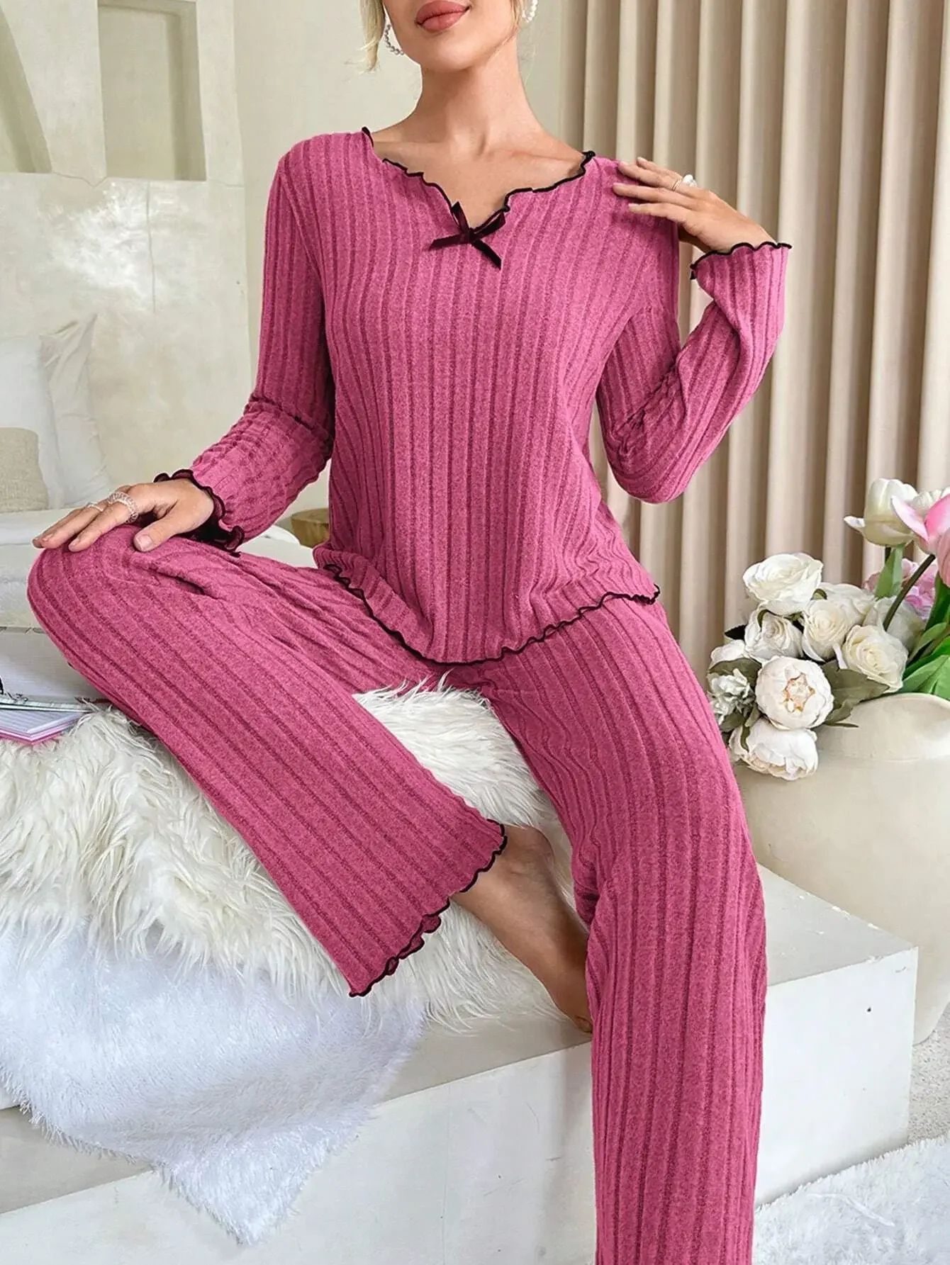 CozyChic Ribbed Knit Womens Pajama Set Soft Long Sleeve Winter Sleepwear Loungewear 4 l