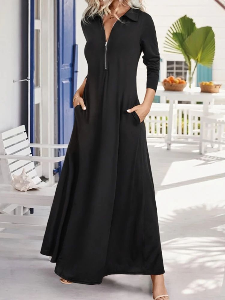 Elegant Long Sleeve Maxi Dress With Pockets Spring Autumn Slim Shirt Dress green xl(us 12)